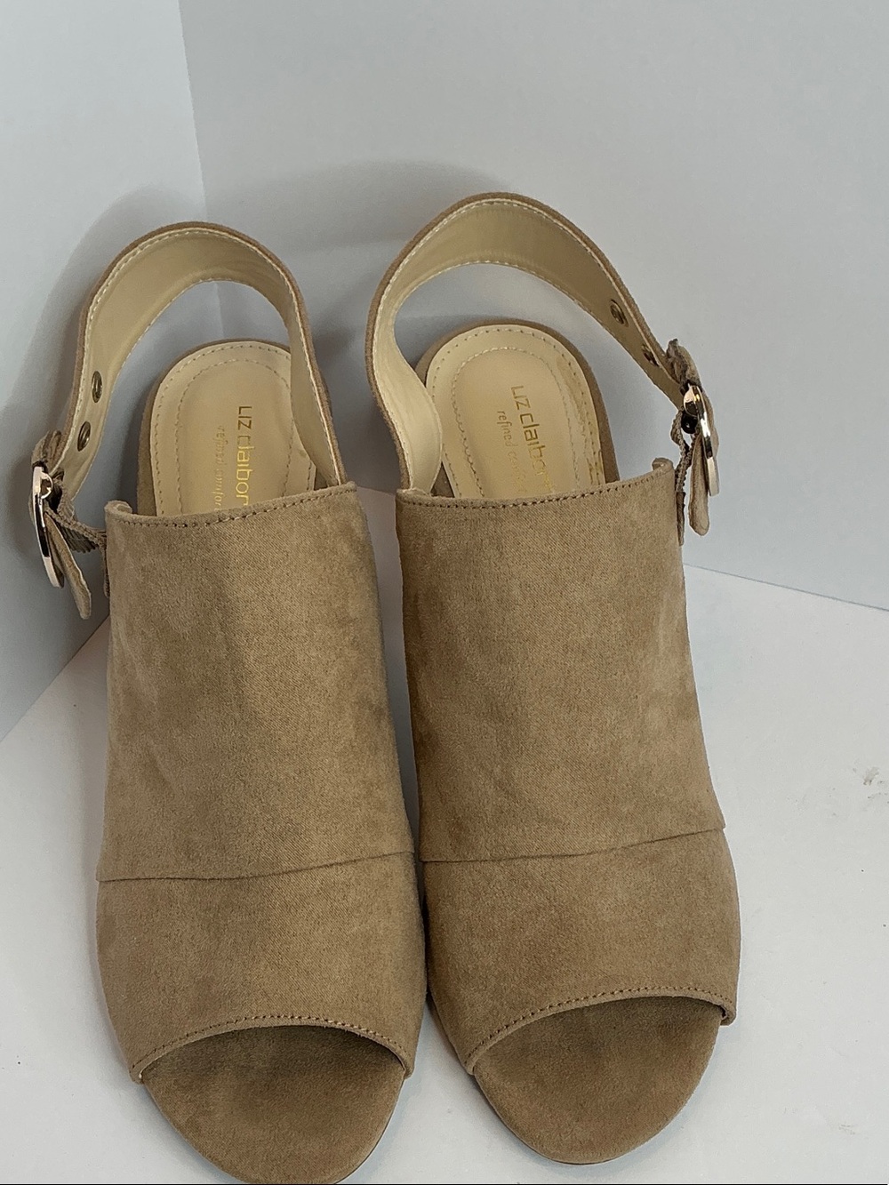 Liz Claiborne Tan Suede Peep-Toe Slingback Mules